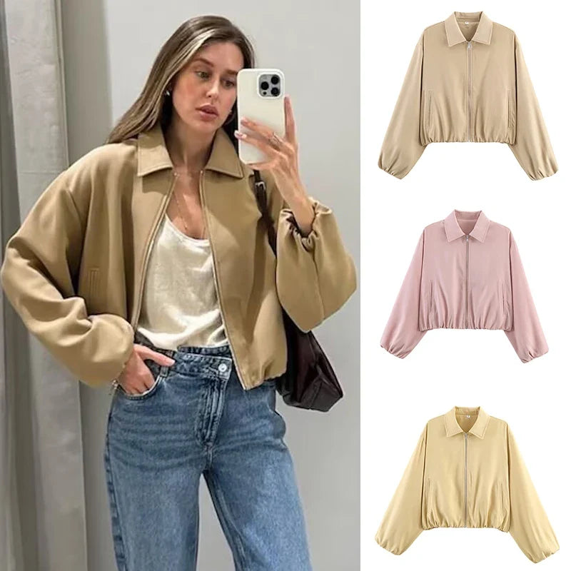 Women's Plain Short Women's Jacket with Zipper and Classic Collar