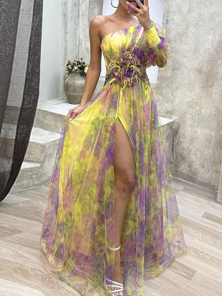 Robe Maxi à Imprimé Floral Asymétrique