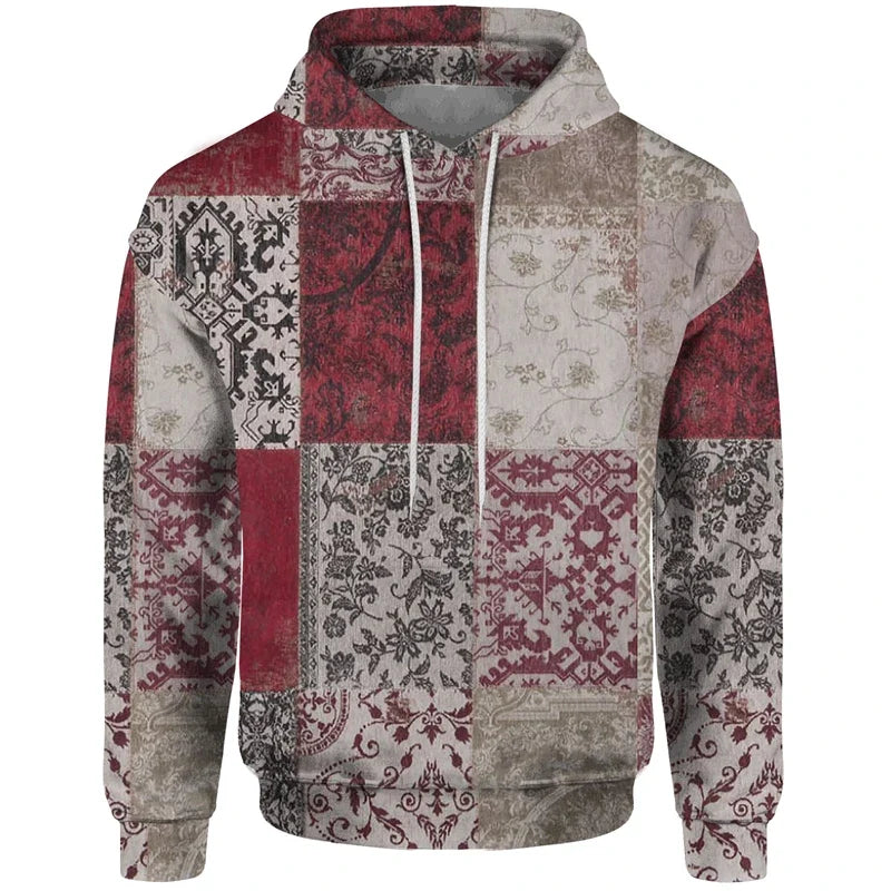 Sudadera con capucha estampada de patchwork con motivos geométricos y florales rojos y beige