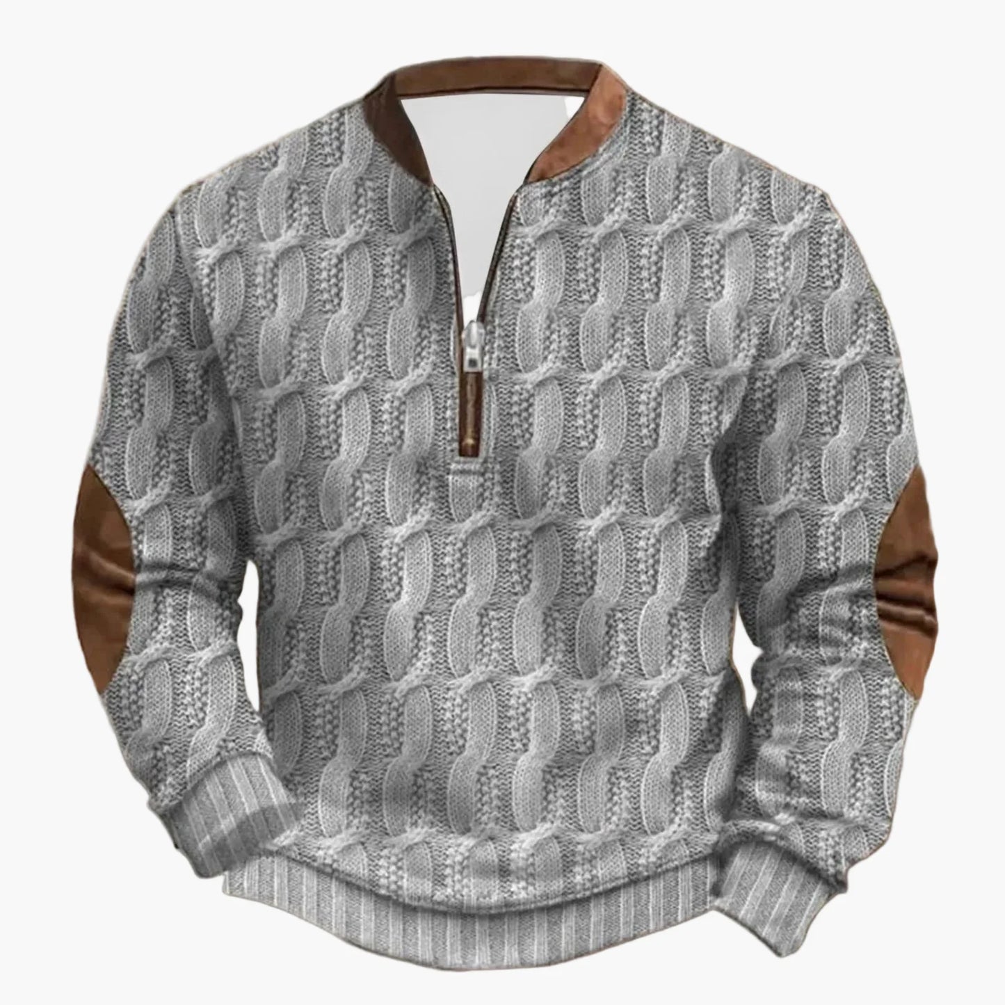 Casual herrsweatshirt med halv dragkedja i outdoor-stil med dekorativa armbågslappar
