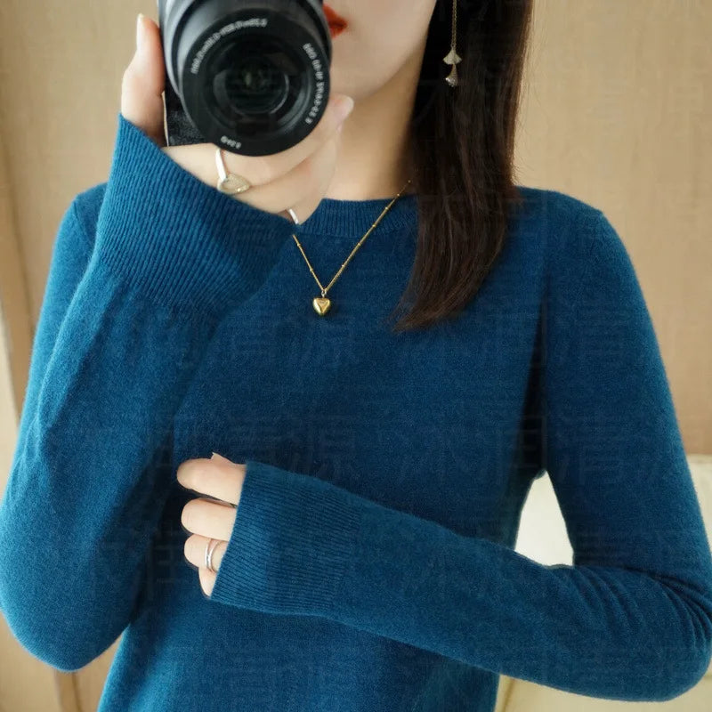 Damski dzianinowy sweter z okrągłym dekoltem i długimi rękawami - Dostępny w wielu kolorach