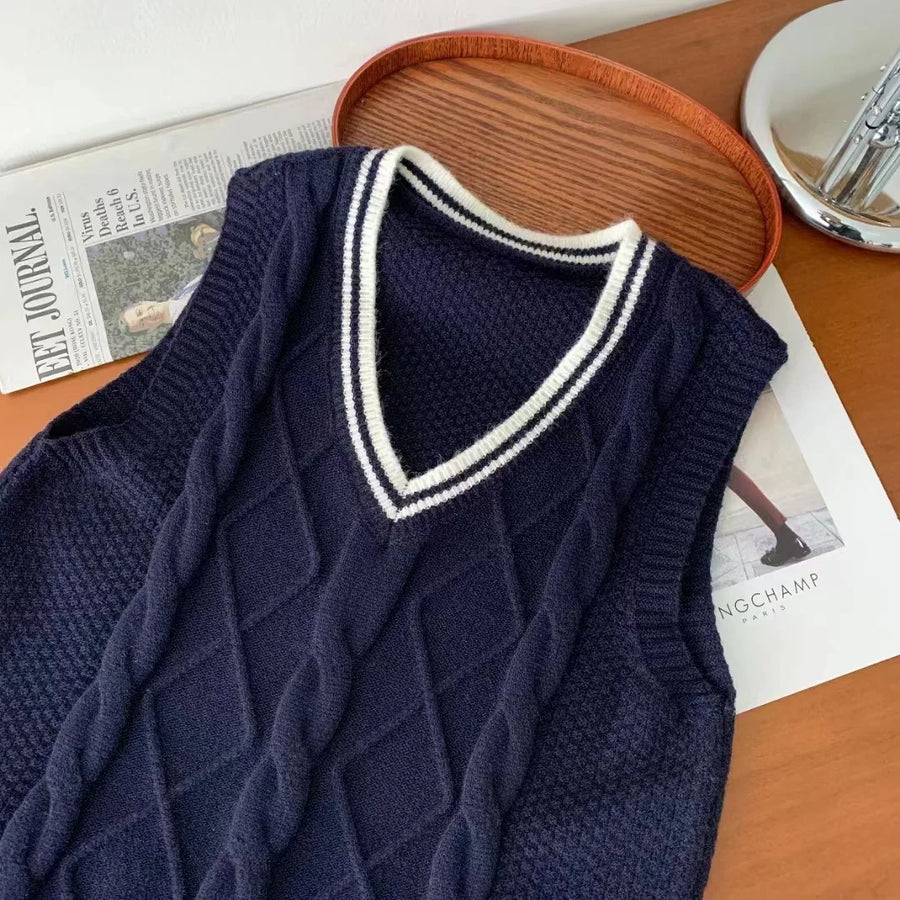 Gilet da donna senza maniche in maglia con scollo a V e motivi a trecce, stile preppy