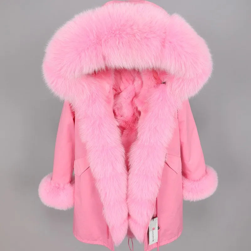 Parka invernale da donna con cappuccio, pelliccia rosa e fodera calda
