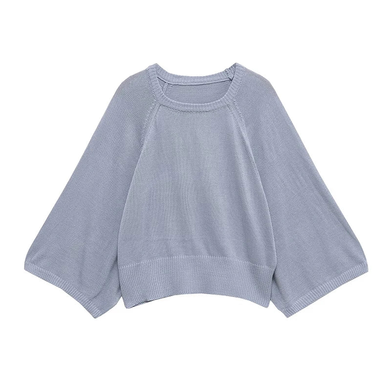 Pull en maille ras du cou manches chauve-souris ample Femme