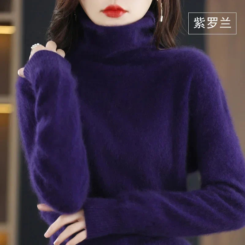 Pull col roulé femme en tricot doux, manches longues uni