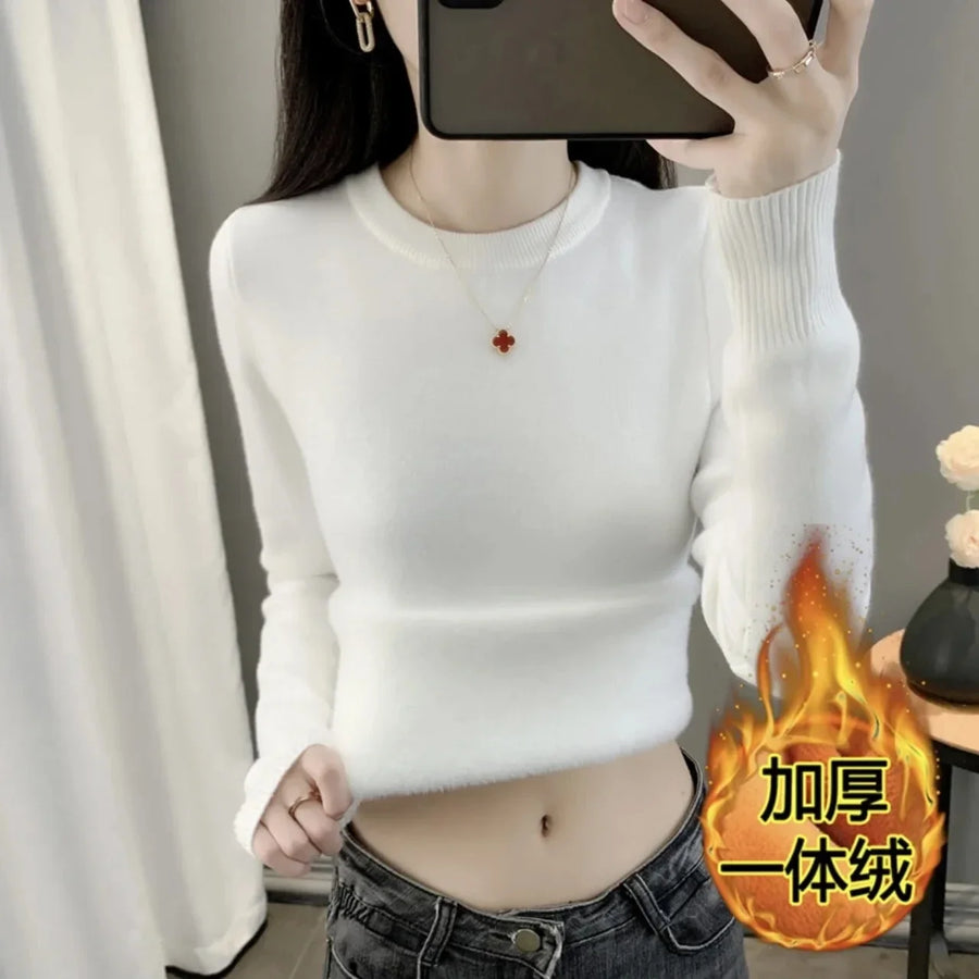 Pull femme col rond manches longues couleur unie doublure douce