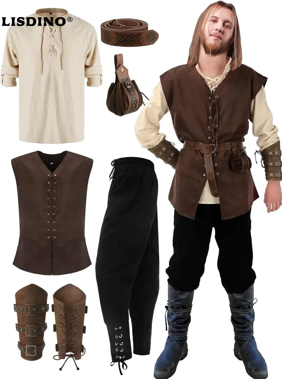 Costume medievale completo da uomo: giacca stringata, camicia, pantaloni, cintura e bracciale da polso