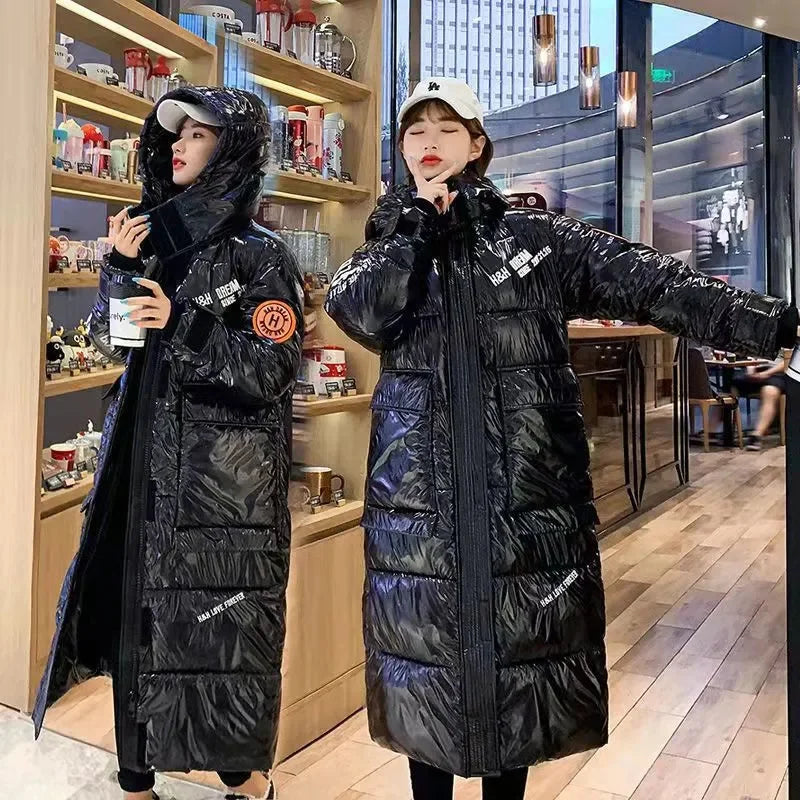 Doudoune longue brillante à capuche pour femme, coloris varié