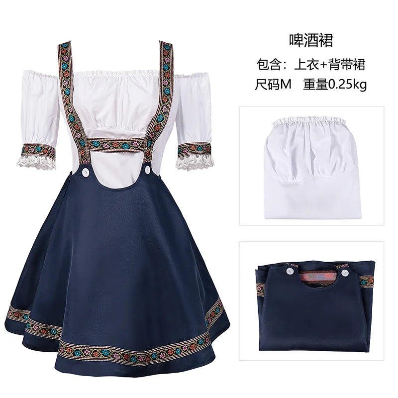 Bayersk dirndl-kjole til kvinder med bare skuldre, nederdel med stropper, broderi, hvid og marineblå