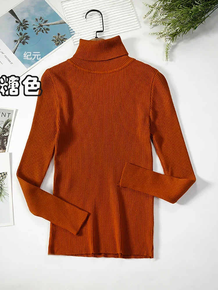 Damen-Rollkragenpullover aus Rippstrick mit langen Ärmeln, einfarbig