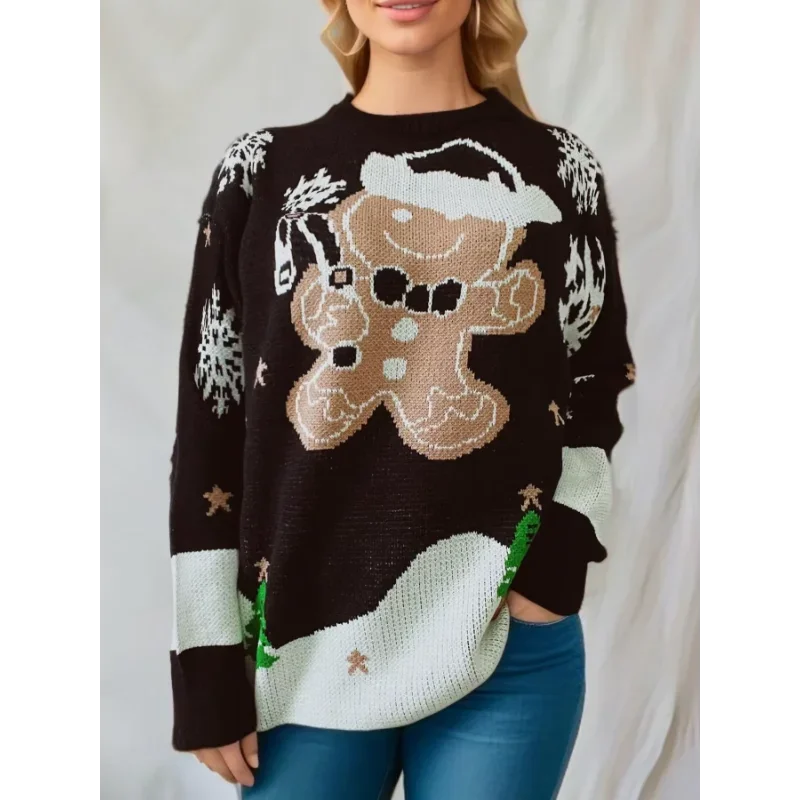 Women's knitted Christmas sweater with gingerbread man and snowflake designs