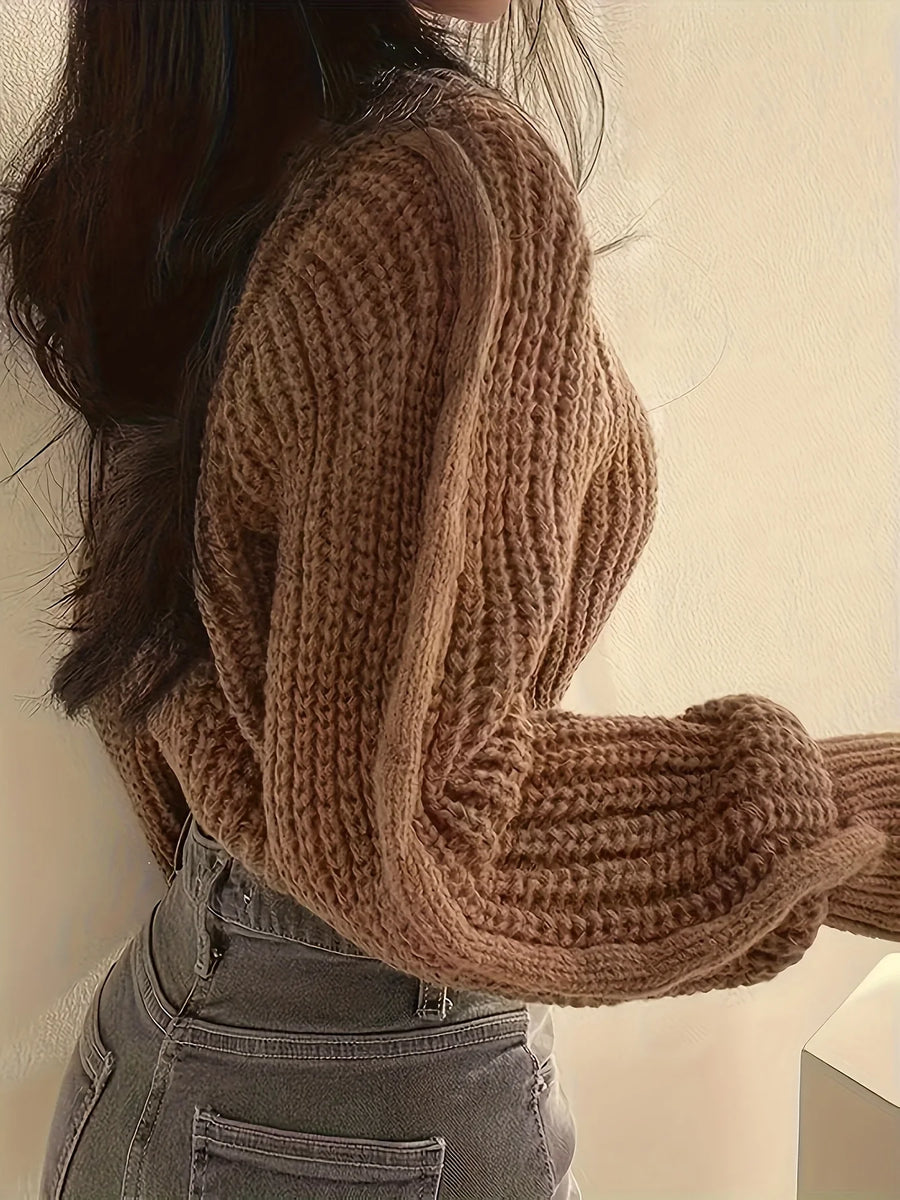 Pull court en maille côtelée pour femme, manches longues amples