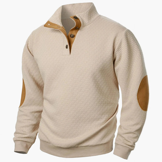 Sweat-shirt homme style décontracté à col montant avec coudières et boutons – Idéal pour un look élégant au quotidien