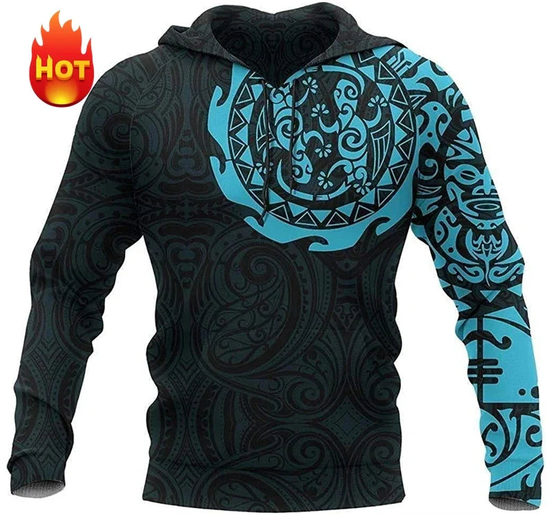 Printed tribal hoodie with sea turtle or manta ray motif, relaxed fit
