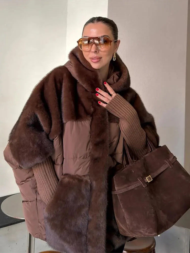 Manteau Femme Hiver Doux Capuche Panneaux Fausse Fourrure Matelassé Manches Longues