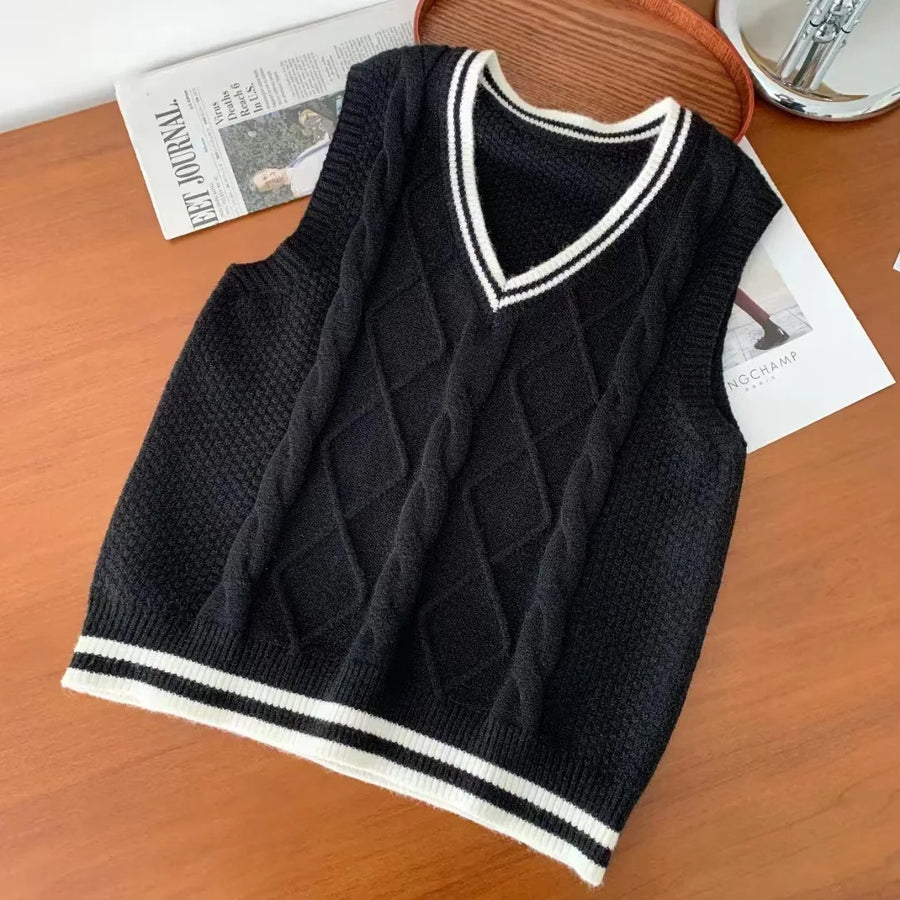 Gilet da donna senza maniche in maglia con scollo a V e motivi a trecce, stile preppy