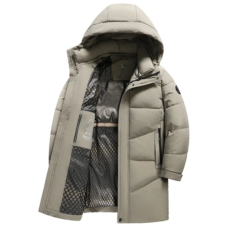 Long black quilted hooded men's puffer coat