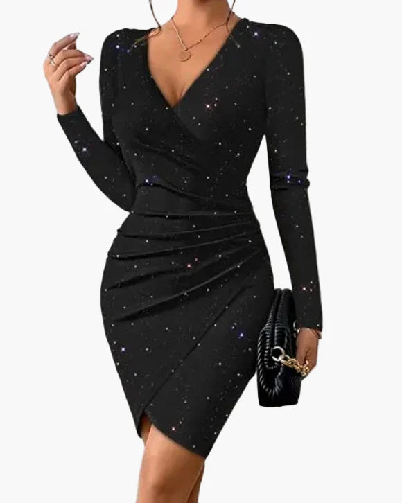 Elegant aftenkjole til kvinder med lange ærmer, slå-om-stil, galakse-look, chic og moderne