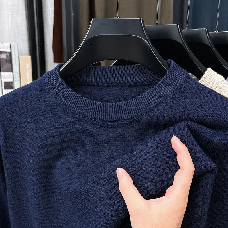 Jersey de hombre de cuello redondo, punto fino, beige jaspeado y mangas largas