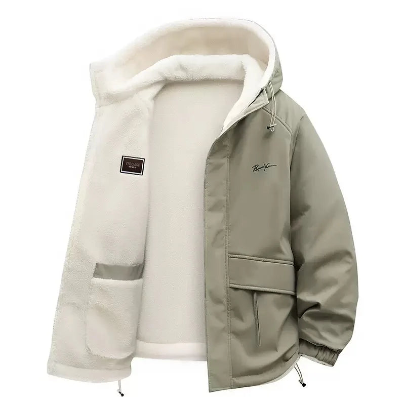 Varm fôret hettejakke for menn med klafflommer - beige