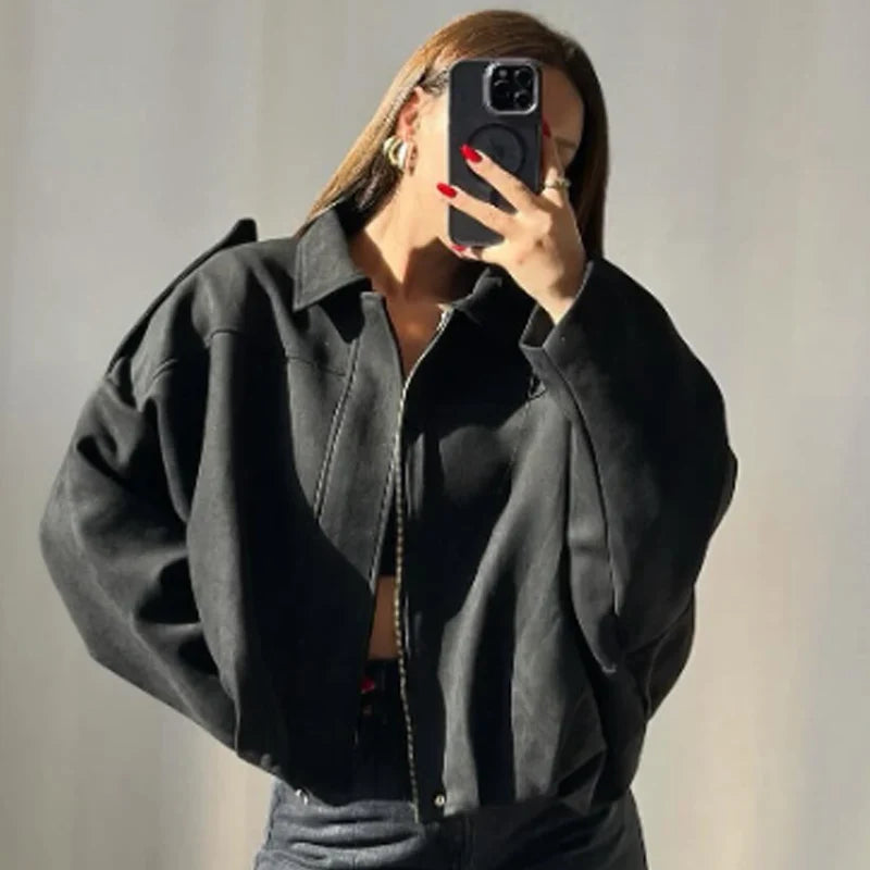 Veste courte bomber femme style décontracté coupe ample avec col classique et épaulettes plusieurs couleurs
