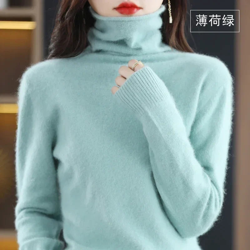 Pull col roulé femme en tricot doux, manches longues uni