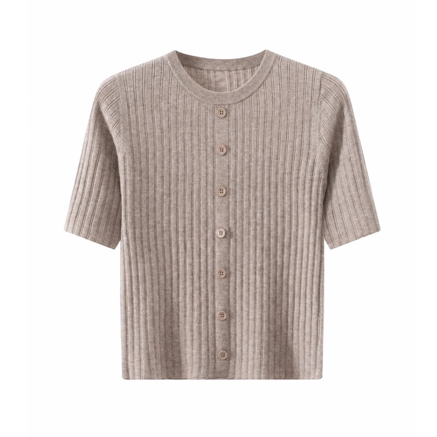 Cardigan côtelé Femme Manches Courtes Boutonné Col Rond