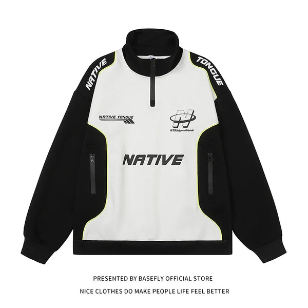 Men's two-tone mock-neck jacket with short zipper and printed details