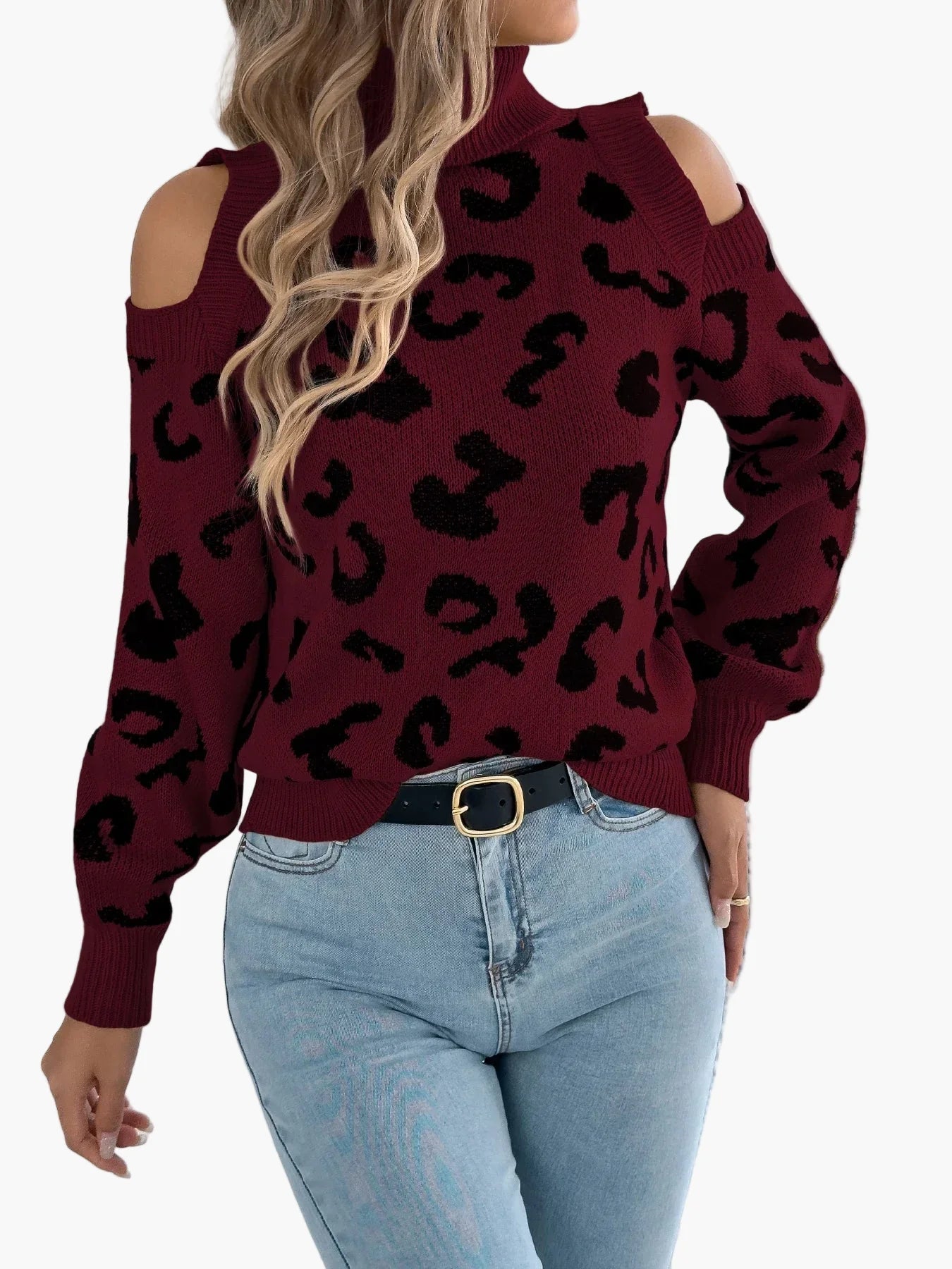 Jersey de mujer a la moda con hombros descubiertos y estampado de leopardo estilo urbano