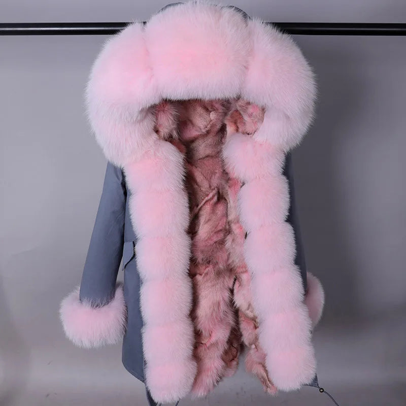 Parka invernale da donna con cappuccio, pelliccia rosa e fodera calda