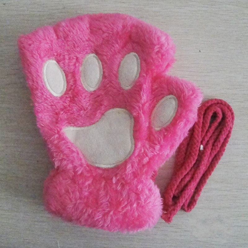 Bright pink plush animal-paw mittens with drawstring