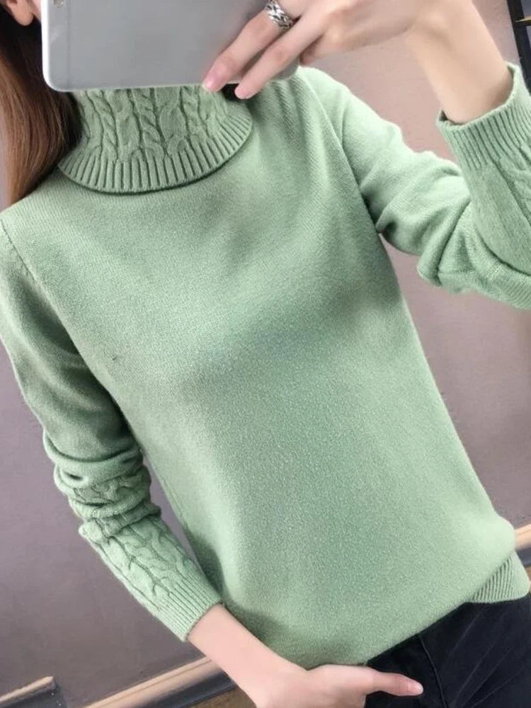Women's light gray twisted ribbed-knit turtleneck sweater