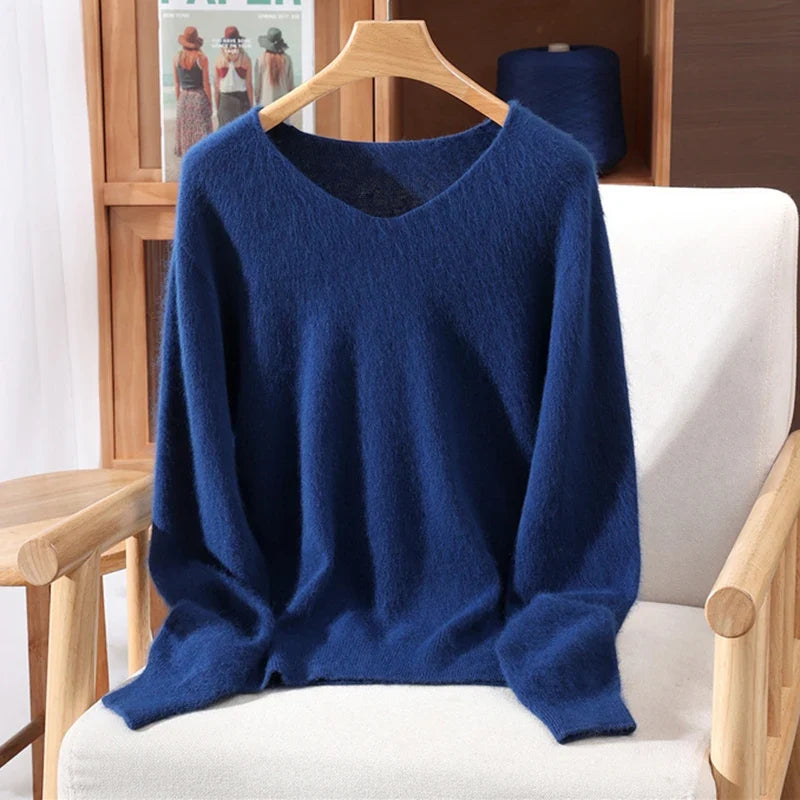Maglione donna confortevole a collo a V, con maniche lunghe, in materiale morbido
