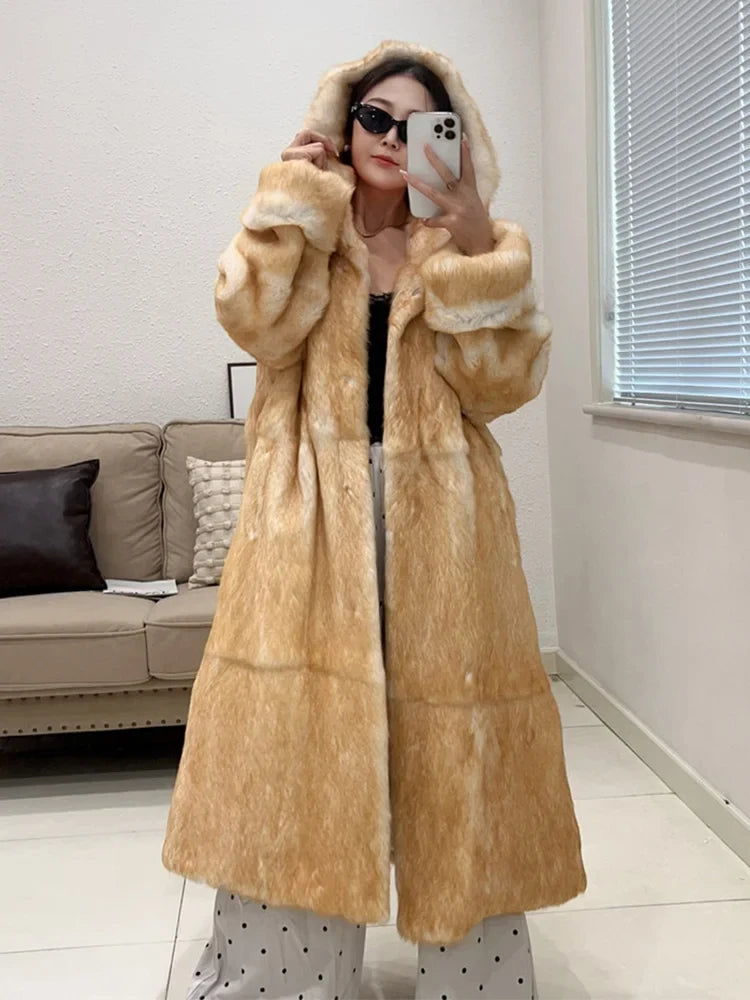 Abrigo largo con capucha de piel sintética para mujer, estilo parka acogedora