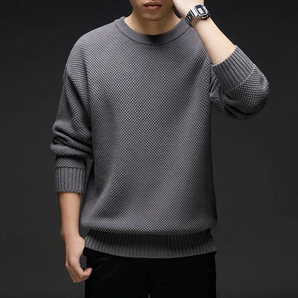 Pull homme col rond maille texturée côtelée gris foncé