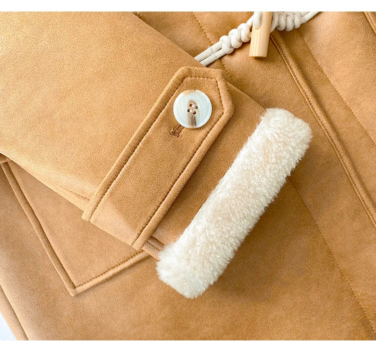 Cappotto invernale da donna imbottito e morbido con cappuccio, stile duffle coat, color cammello