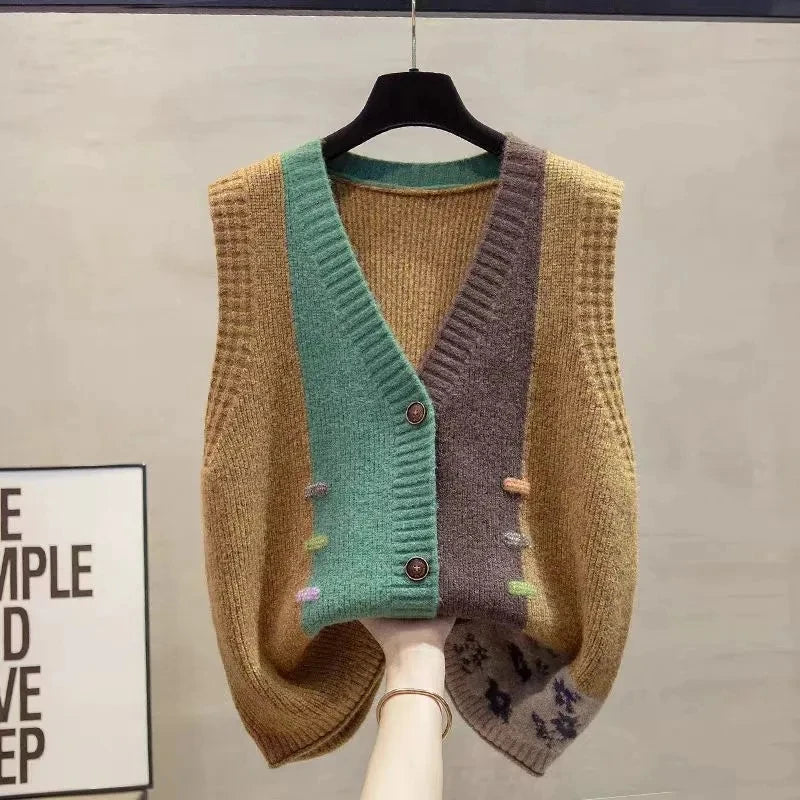 Gilet da donna in maglia senza maniche, multicolore, con scollo a V e bottoni decorativi