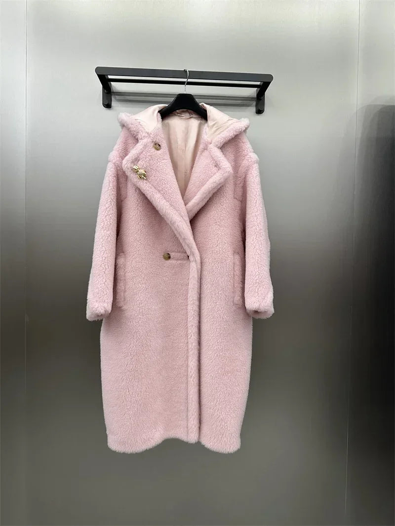 Manteau long femme doux à capuche style Teddy avec moufles assorties