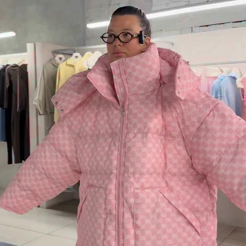 Oversized vatteret dunjakke til kvinder med hætte og print