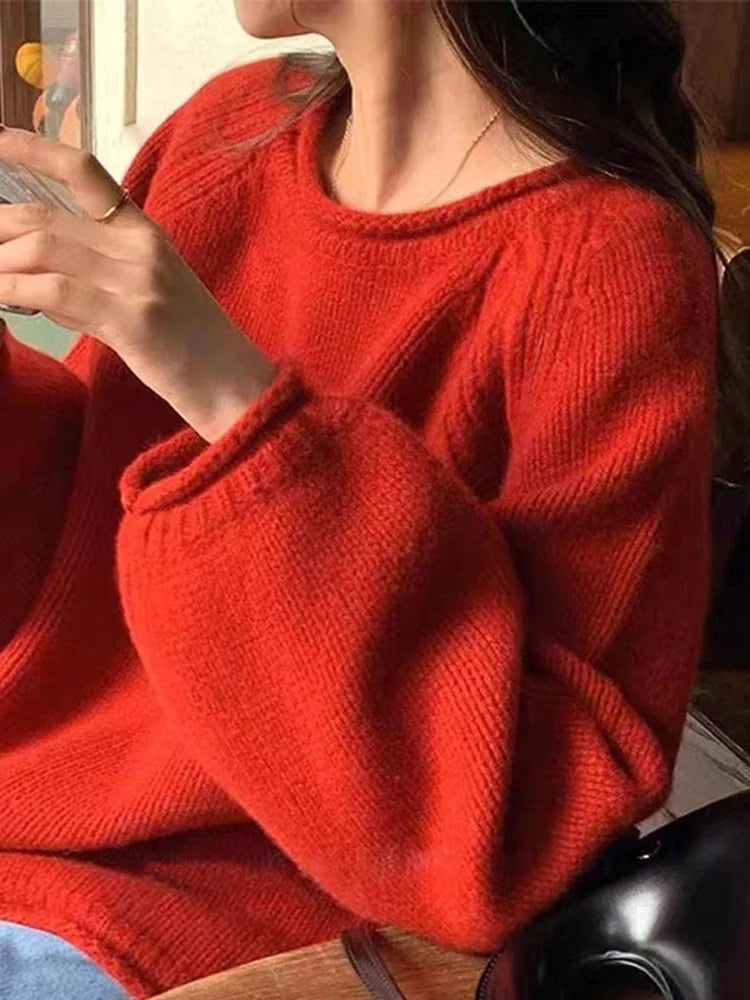 Pull ample à manches raglan et col rond en maille côtelée pour femme