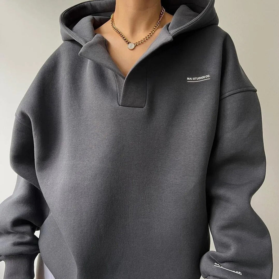 Women's Oversized Hooded Sweatshirt with V-Neck Collar, Pink