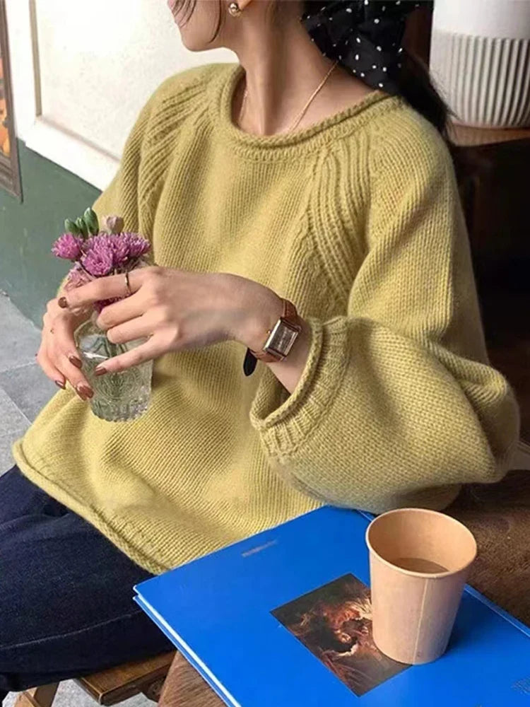 Pull ample à manches raglan et col rond en maille côtelée pour femme