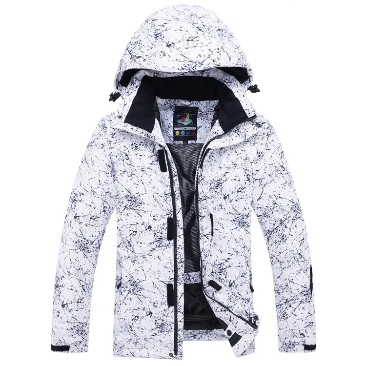 Veste de ski imperméable multicolore à capuche et motif abstrait pour sports d'hiver