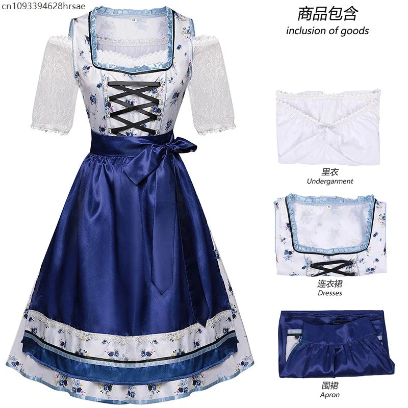 Robe Dirndl Traditionnelle Femme Bleu Blanc Fleurie avec Tablier et Chemisier