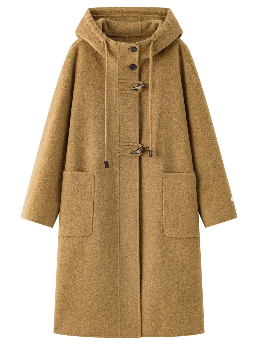 Women's Long Hooded Duffle Coat with Toggle Fastenings and Patch Pockets