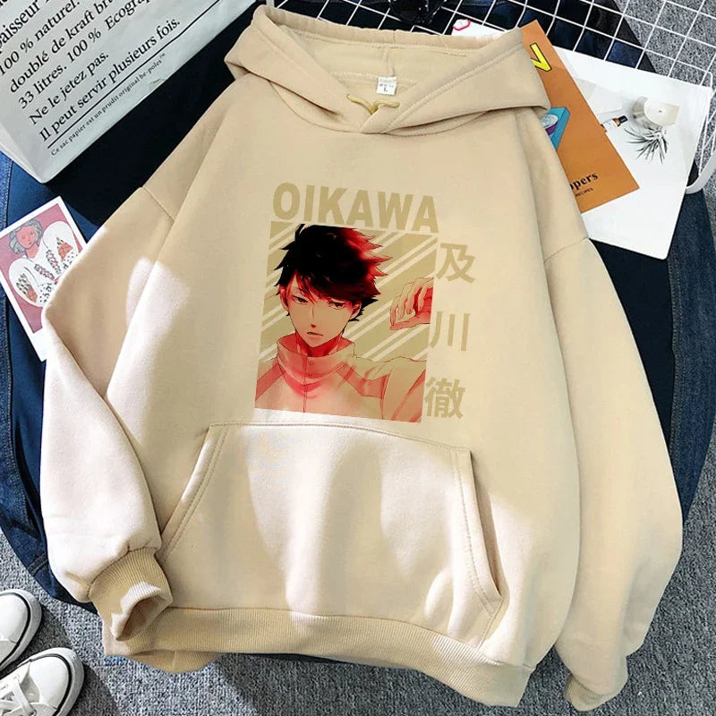 Unisex hettegenser med Haikyuu-grafikktrykk, avslappet stil
