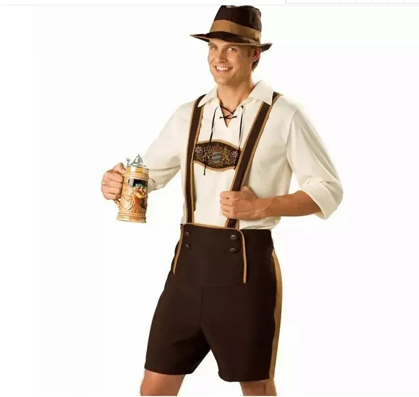 Complete Bavarian Men's Costume in Brown and White with Suspenders and Hat