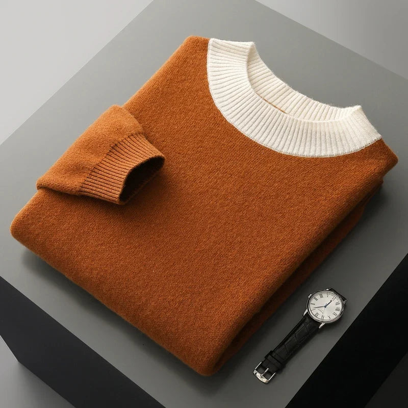 Maglione da uomo a collo alto, marrone, a righe bianche, maniche lunghe