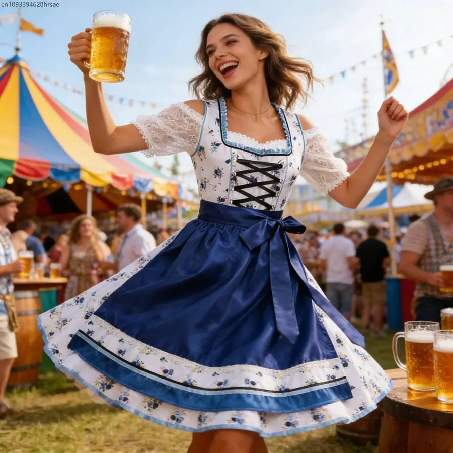 Robe Dirndl Traditionnelle Femme Bleu Blanc Fleurie avec Tablier et Chemisier