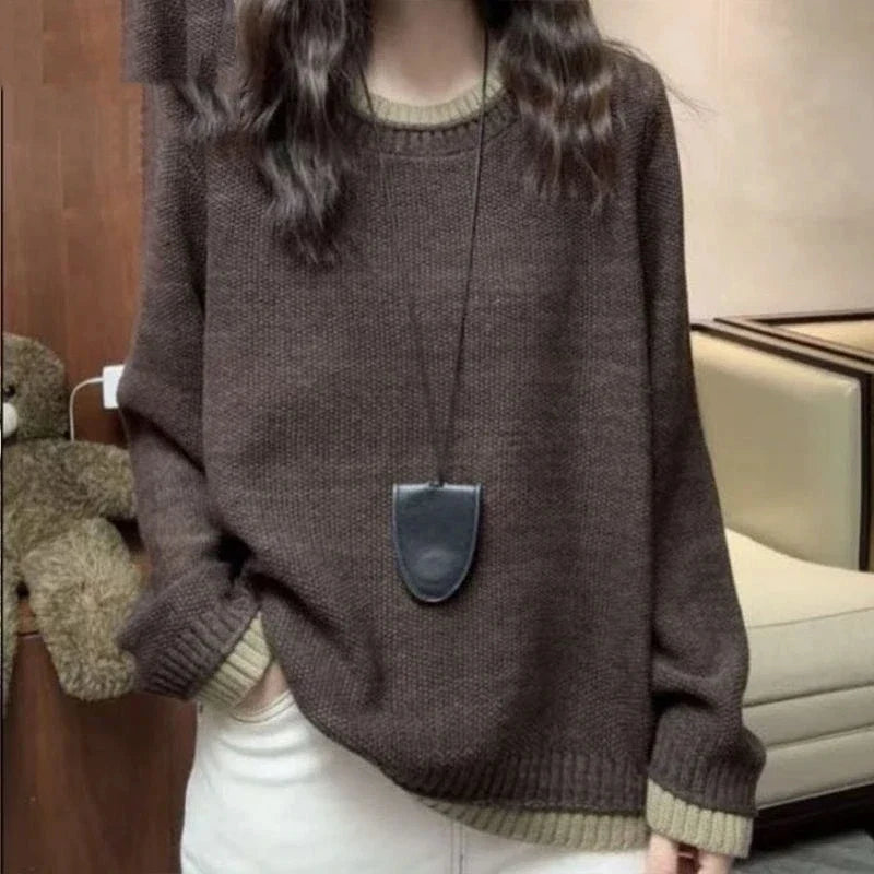 Jersey informal de punto bicolor con cuello redondo para mujer